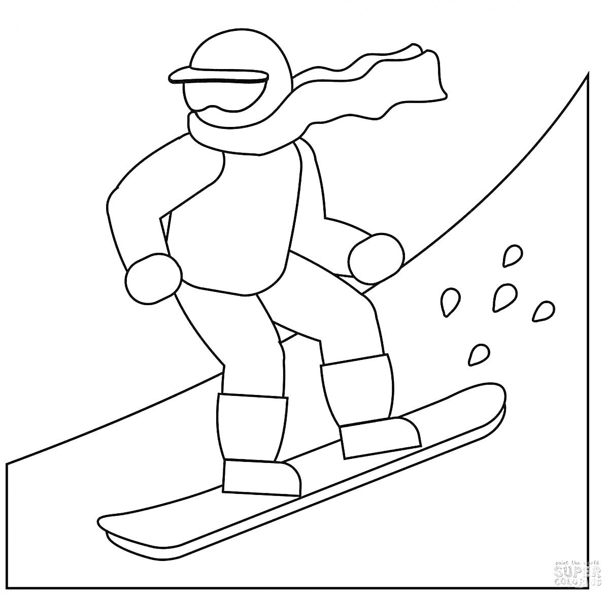 На раскраске изображено: Сноубордист, Зима, Снег, Спорт, Спуск, Защитная экипировка, Шарф, Снежинки, Снегопад