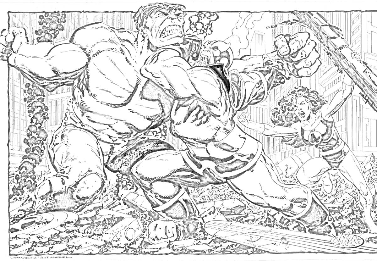Раскраска Халк против Таноса в разрушенном городе, женщина-мститель на заднем плане, руины и обломки на земле