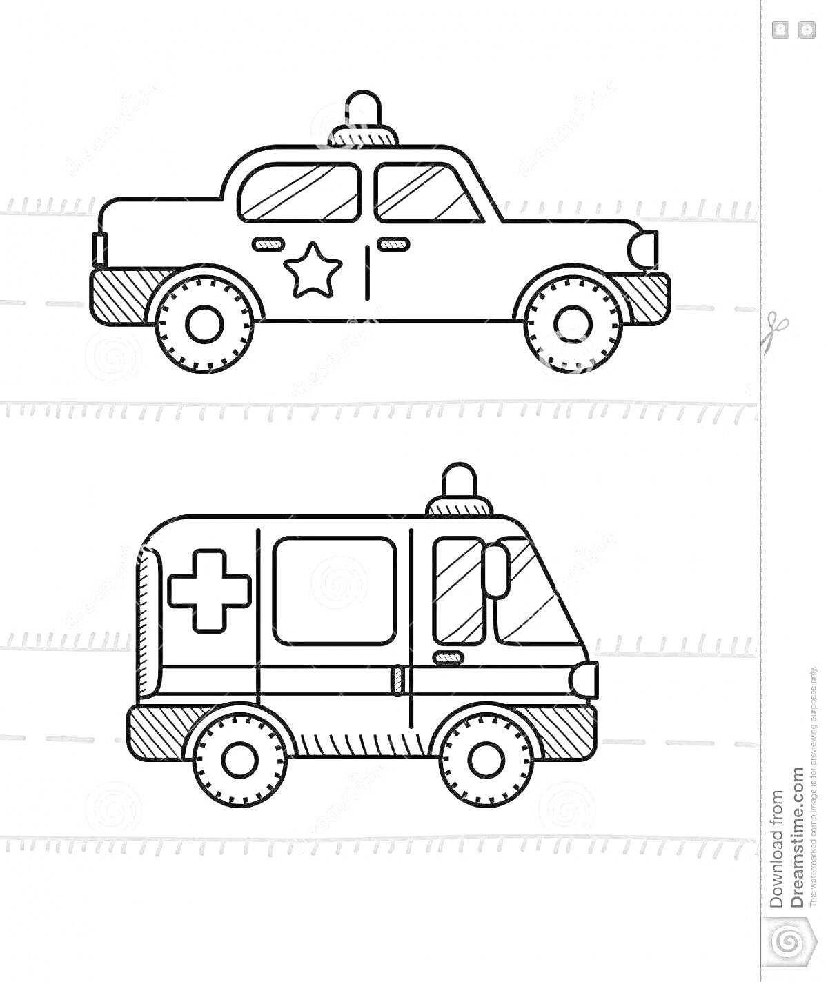 Раскраска Полицейская машина со звездой на двери и мигалкой сверху, машина скорой помощи с крестом на боку и мигалкой сверху