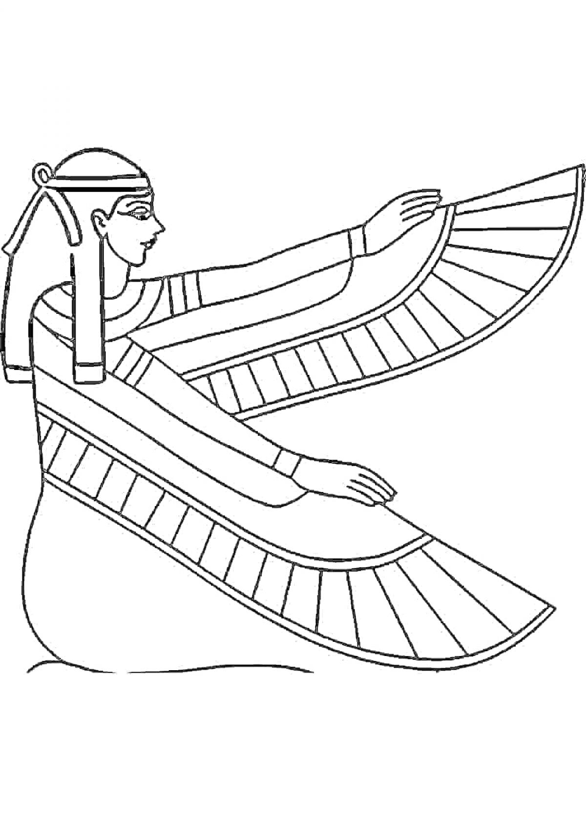 Раскраска Античная египетская фигура с вытянутыми руками и расставленными тканями на них