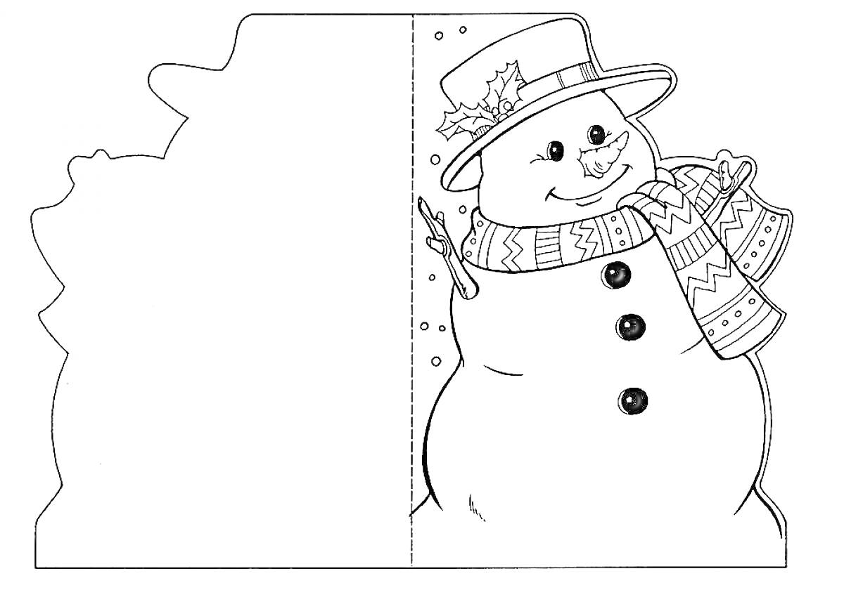 Раскраска Снеговик с шляпой и шарфом, украшенными элементами, и рукавичками, держащий ветку