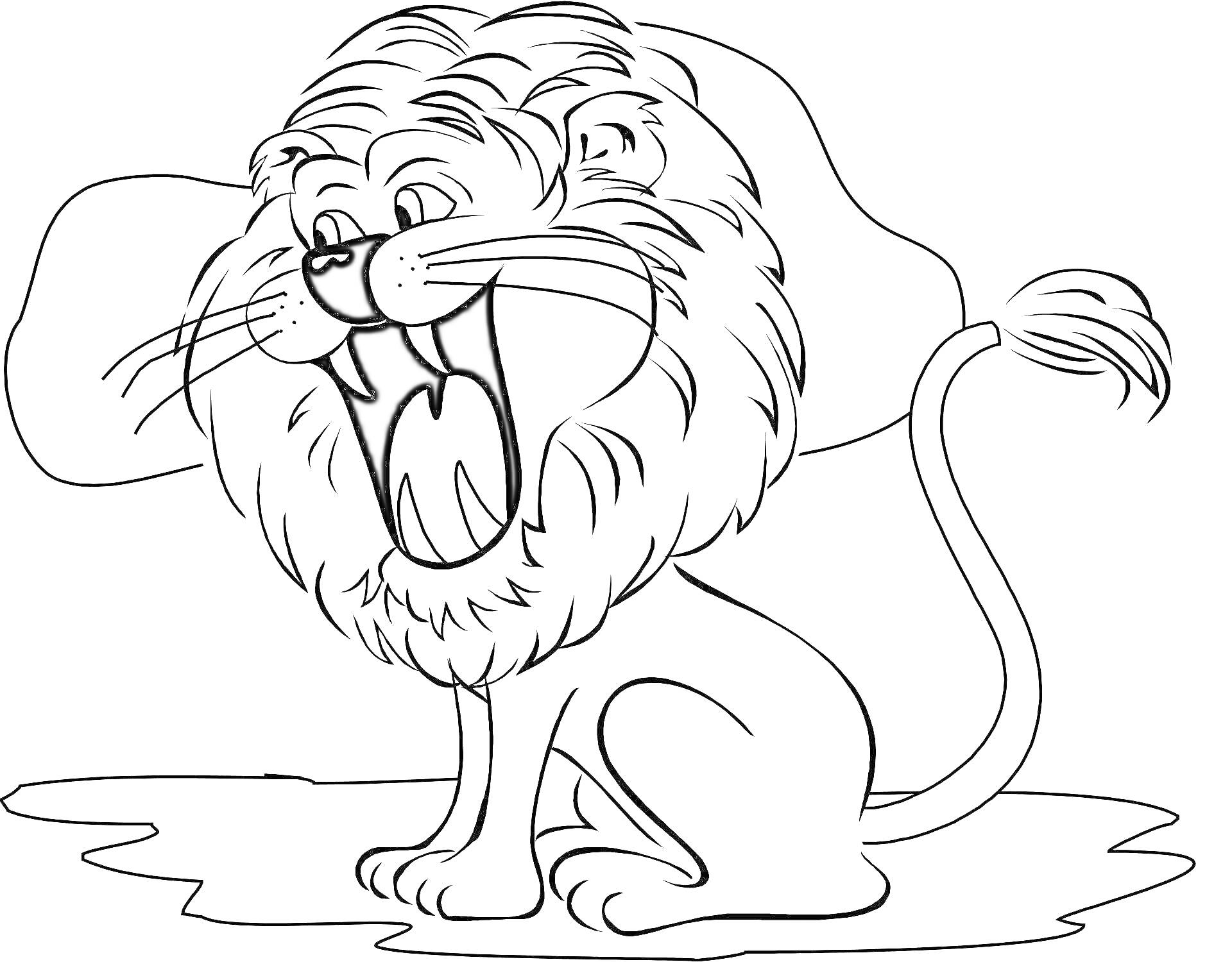 Раскраска с изображением льва с открытой пастью, сидящего на земле