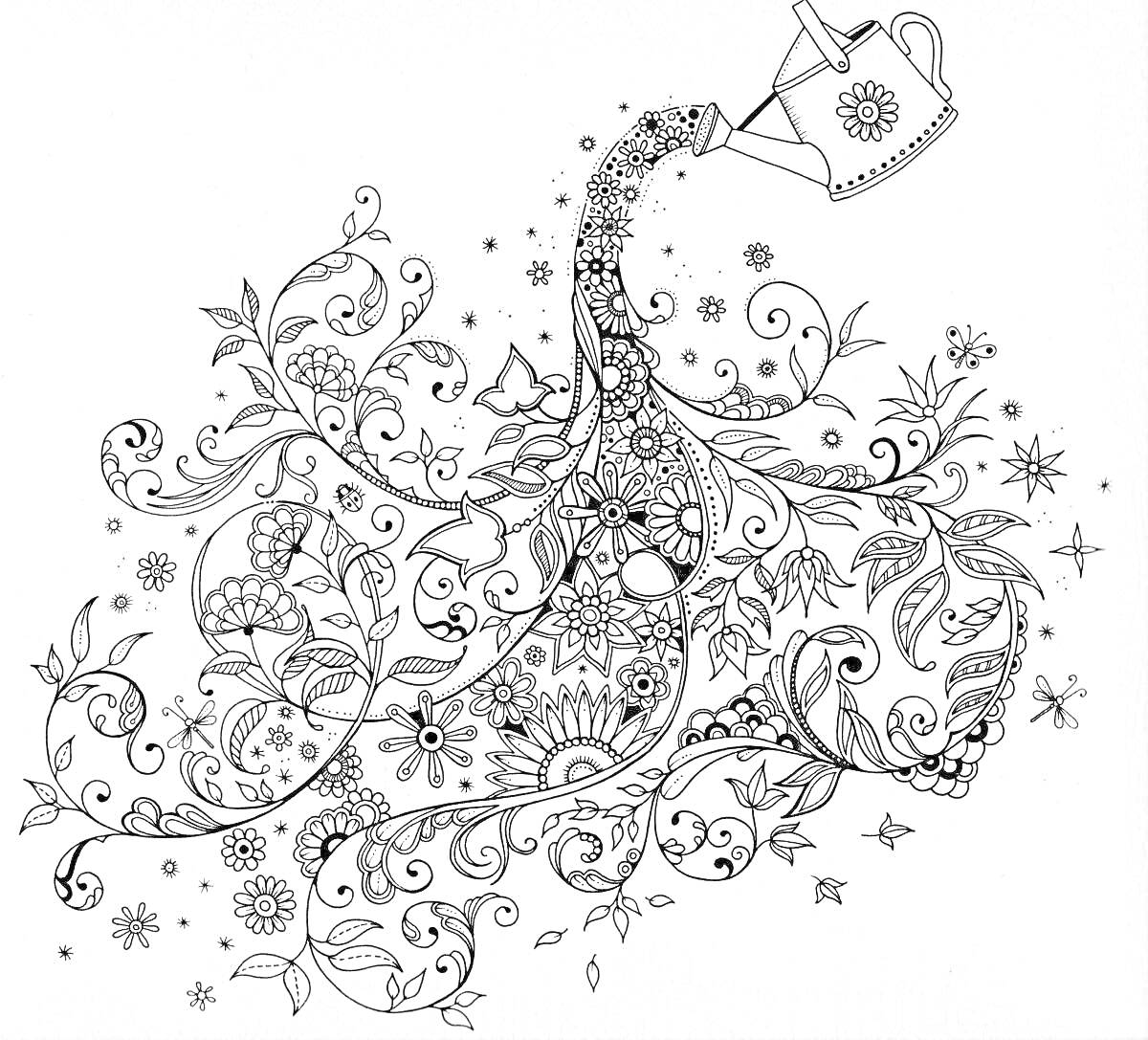 Раскраска Лейка, поливающая цветущий садовый орнамент с бабочками, птицами и звездами