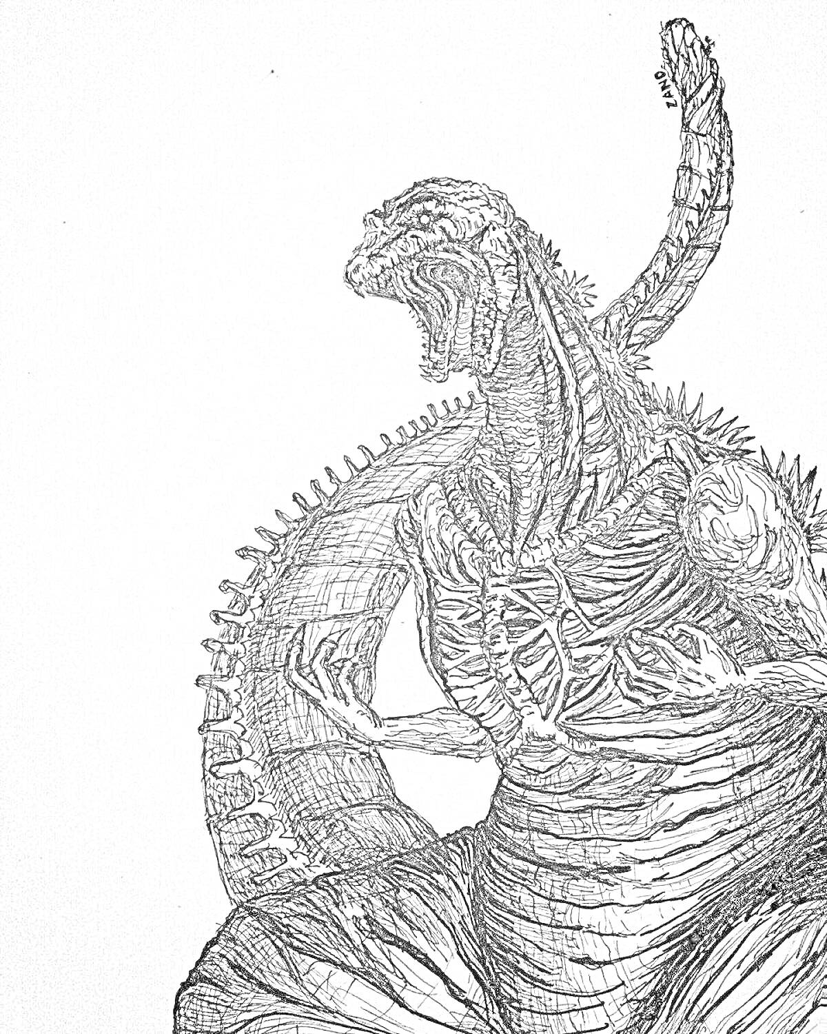 Раскраска Чёрно-белая раскраска Шин Годзилла с детализированным телом, хвостом и несколькими шипами