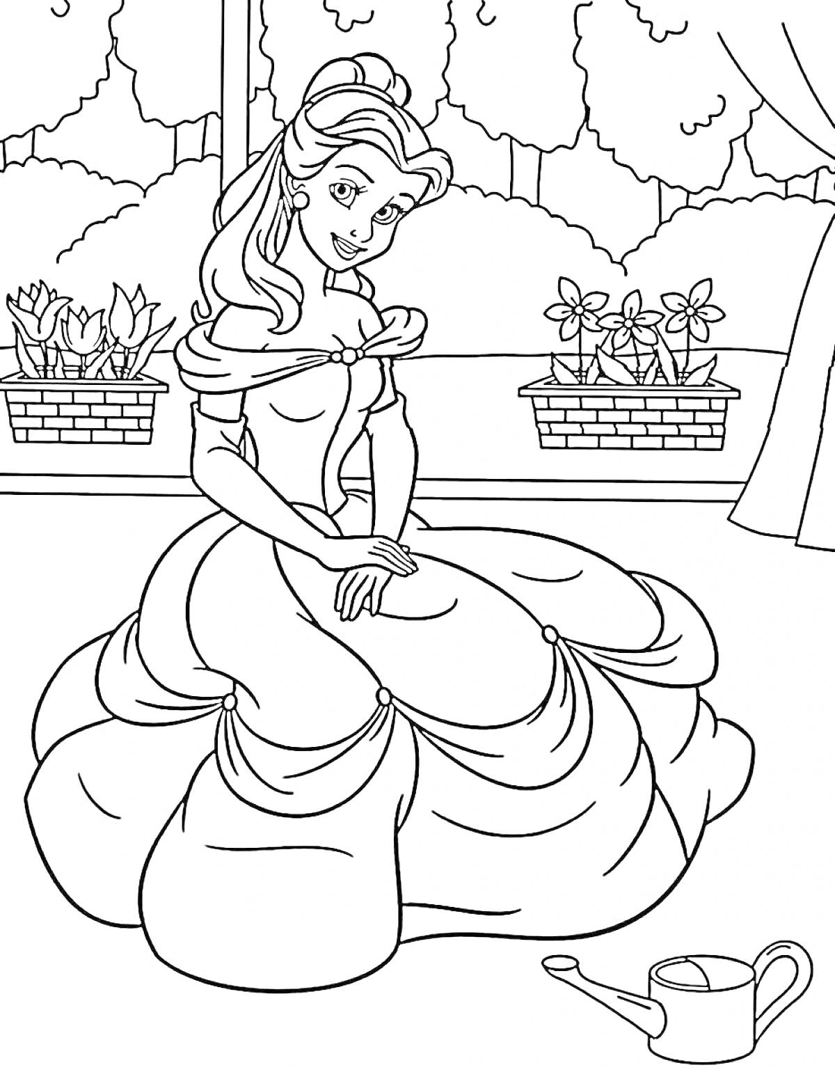 Раскраска Принцесса в длинном платье сидит в саду, на заднем плане два горшка с цветами, за окном деревья, справа занавеска, на полу лейка.