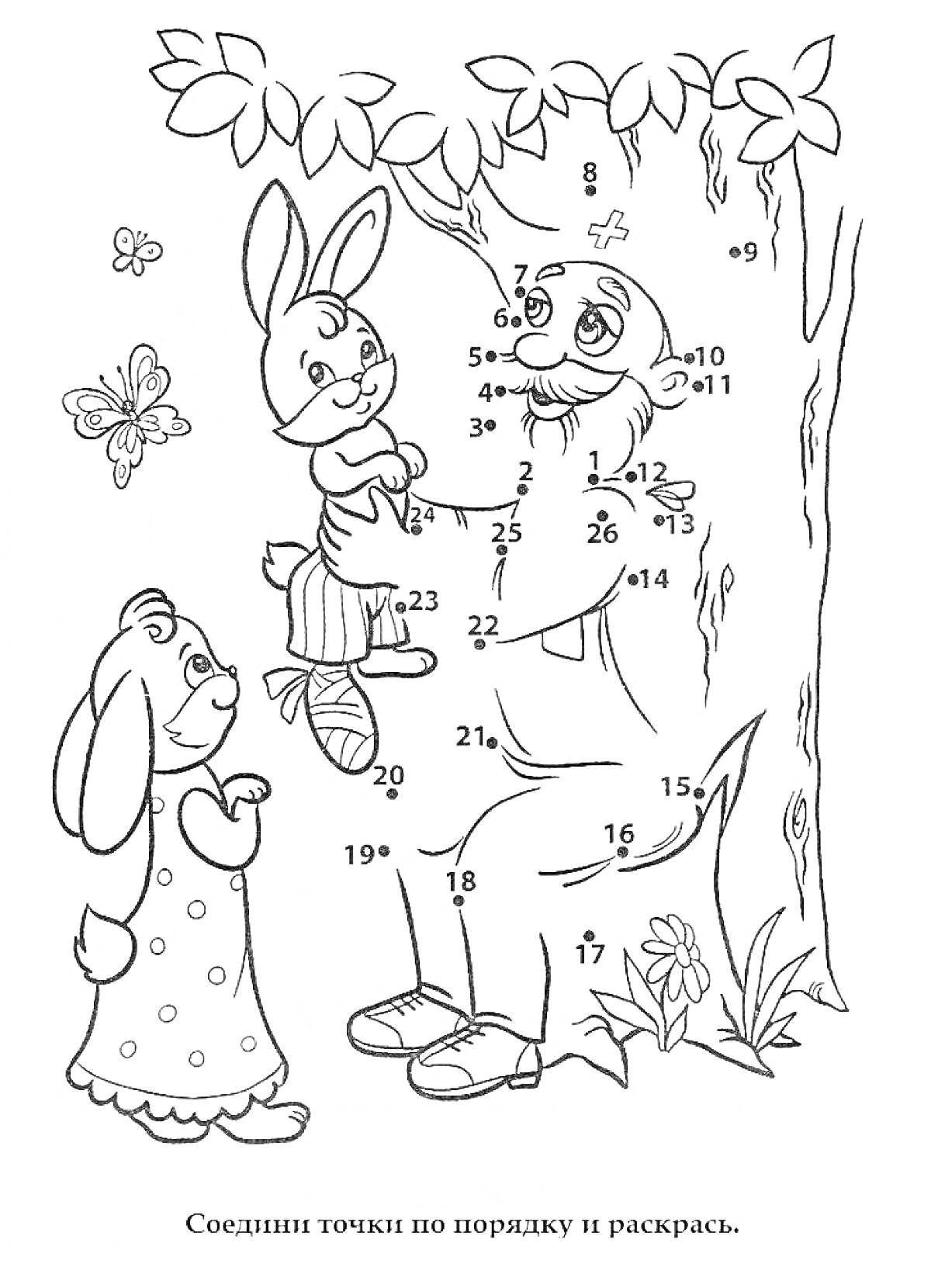 Раскраска Соединение точек с изображением зайцев и человека под деревом