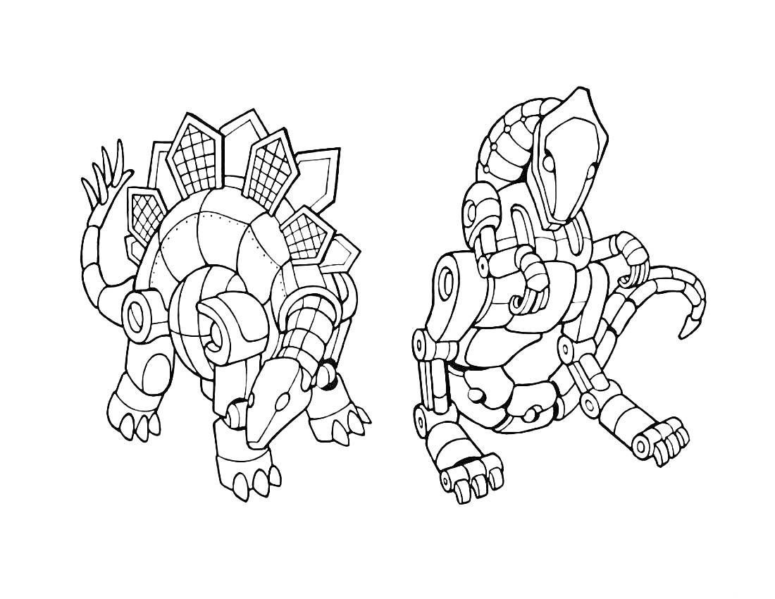 Раскраска Роботы-трансформеры в форме динозавров, стегозавр и пятнистый динозавр