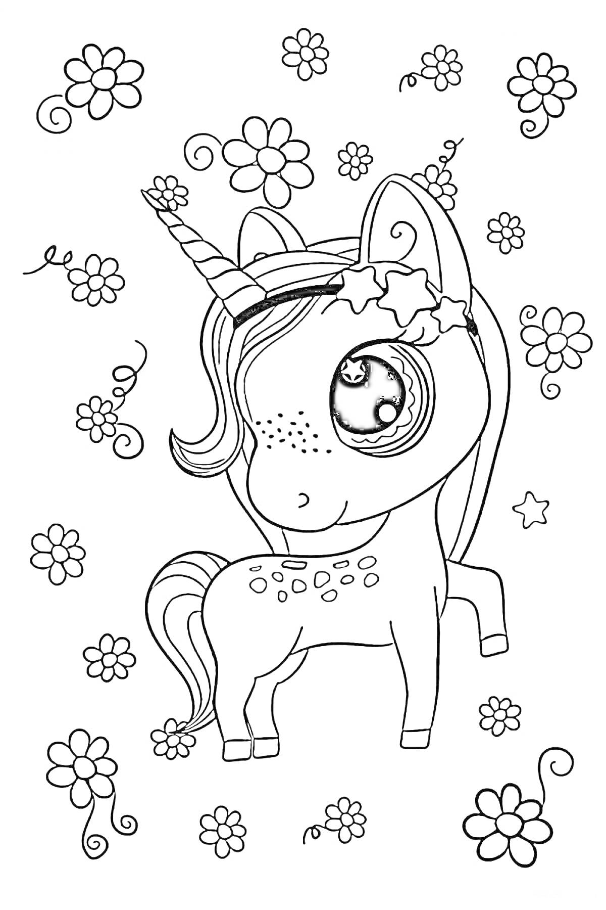 Раскраска Единорог с большими глазами и цветочным венком, окружённый цветами и звёздами