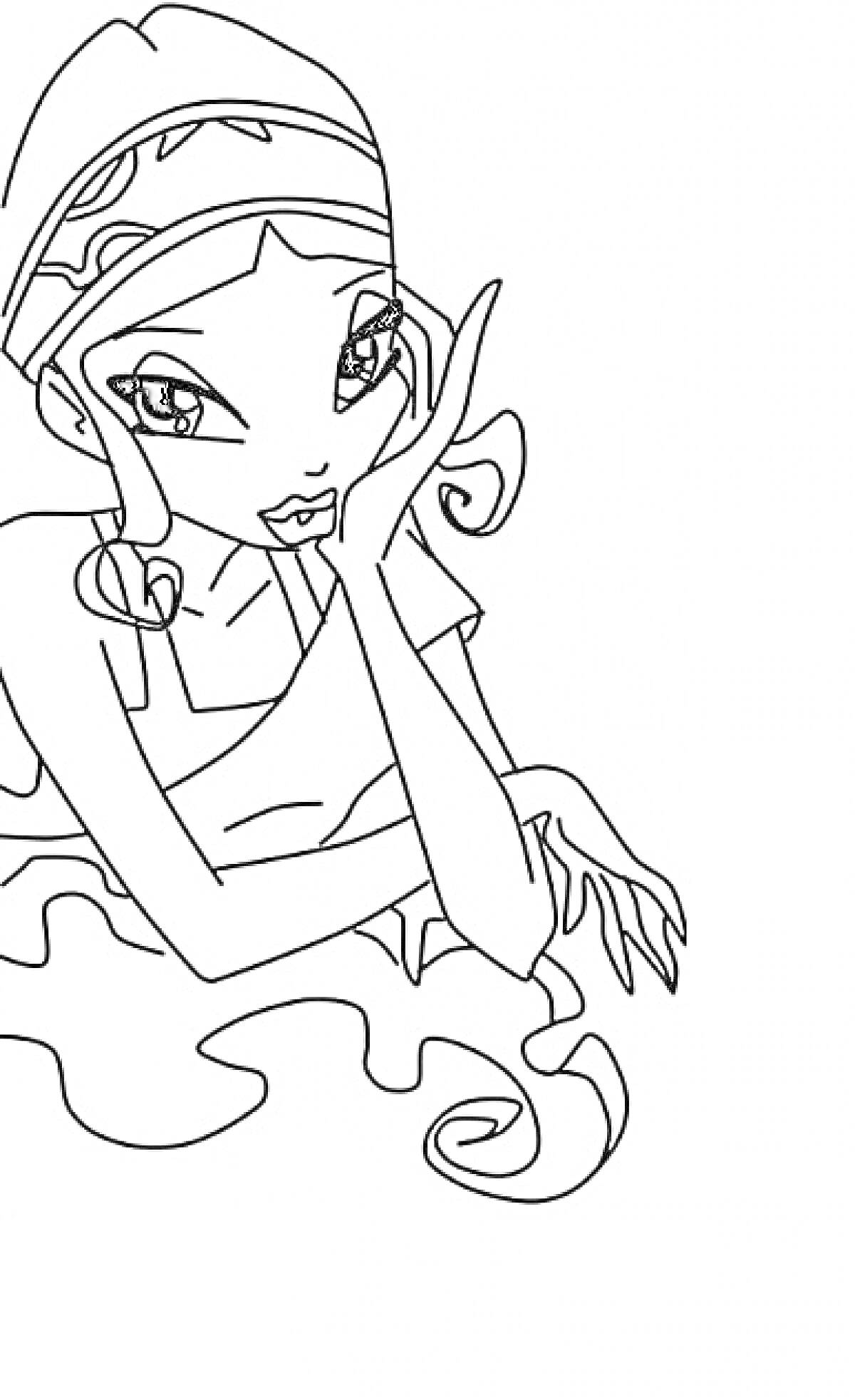 Раскраска Лейла из Винкс с повязкой на голове и волнистыми волосами, опирающаяся на ладонь