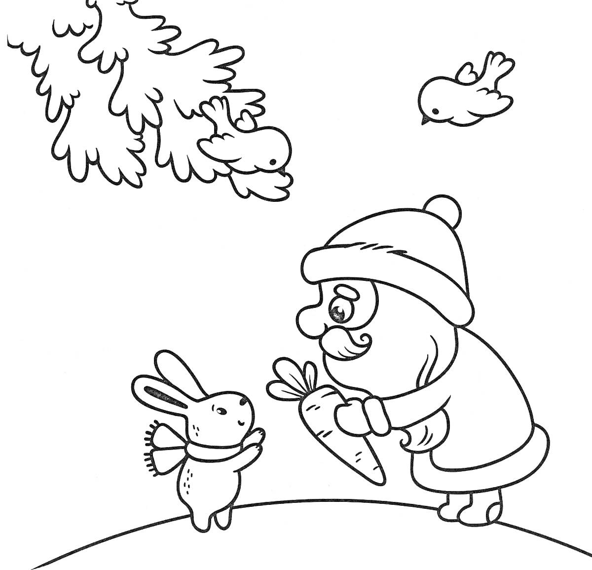 Раскраска Дед Мороз дарит морковку новогоднему кролику, птицы на ели
