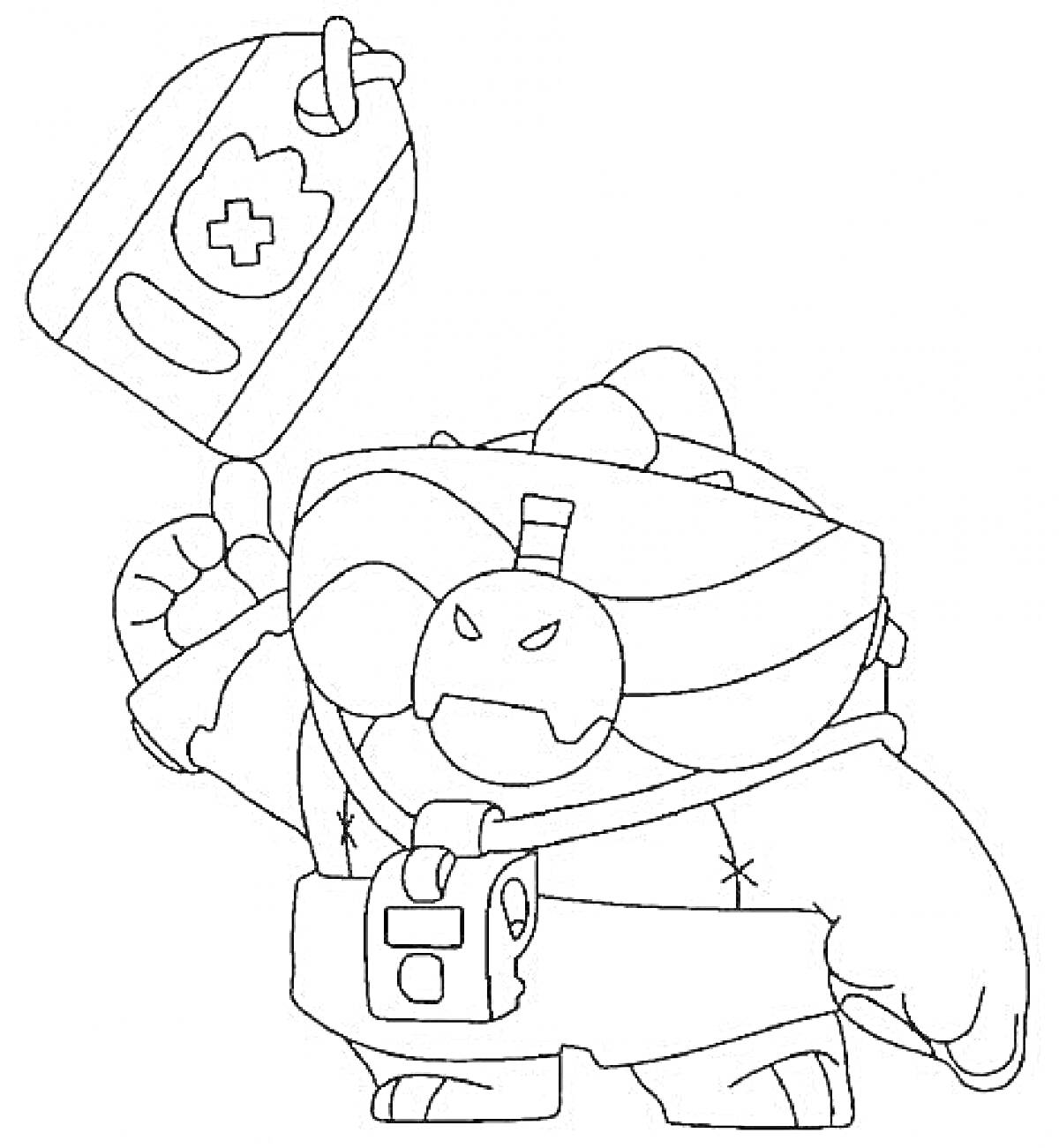 Раскраска Честер из Бравл Старс в костюме с повязкой на глаза и сумкой, поднимающий аптечку