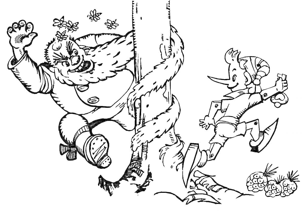 Волк в пальто, нападающий на мальчика с длинным носом, прыгающего мимо дерева с пнем, на переднем плане пни и травинки, на заднем плане летают мухи.