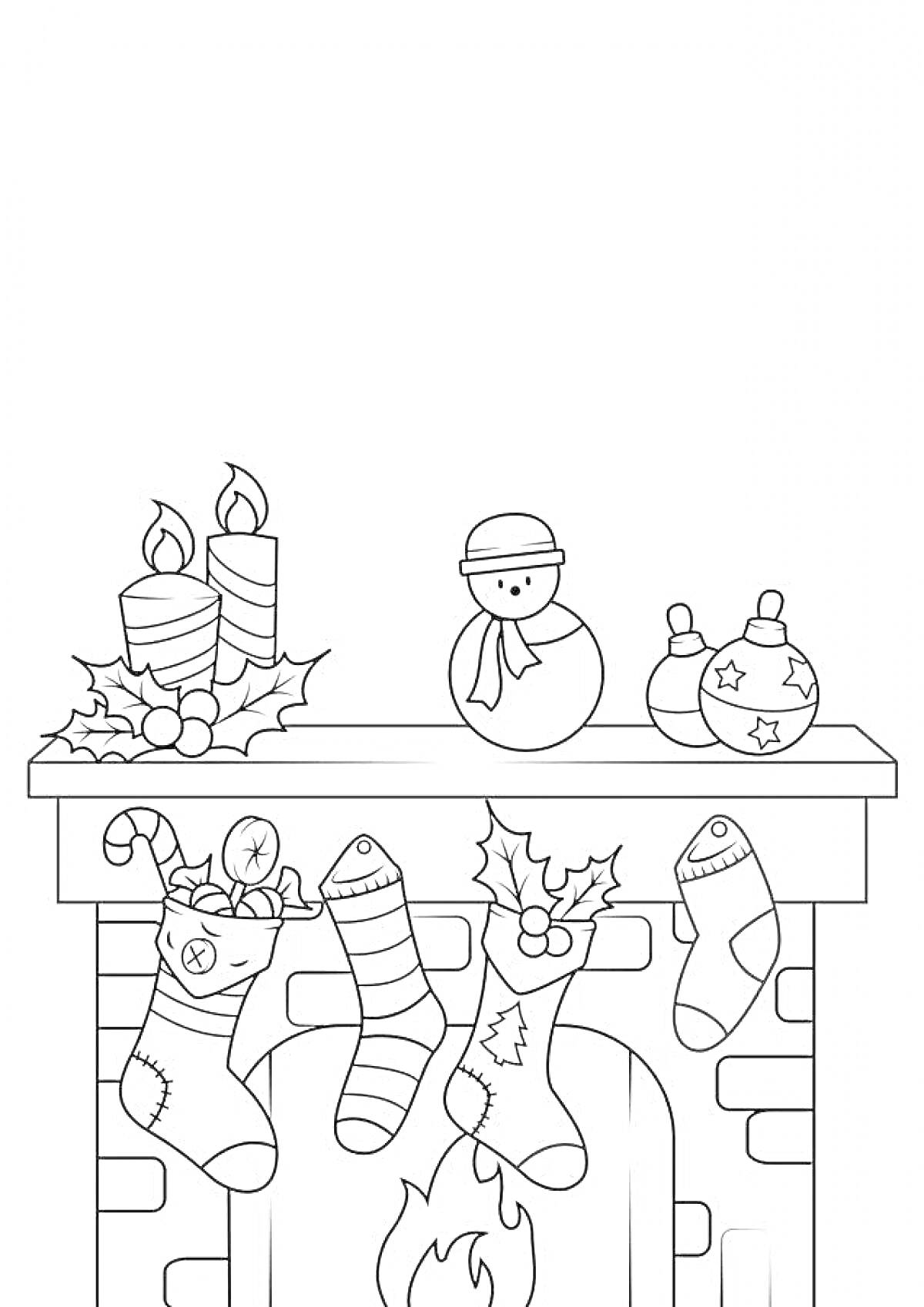 На раскраске изображено: Камин, Новый год, Рождественские носки, Свечи, Елочные шарики, Украшения, Рождество, Огонь, Пуансеттия