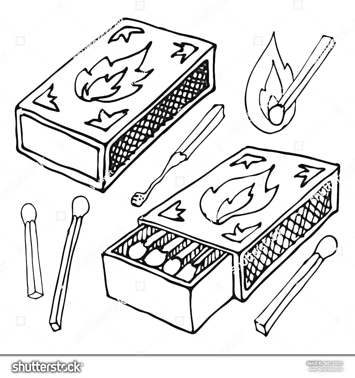 Раскраска Коробка спичек, спички и горящая спичка