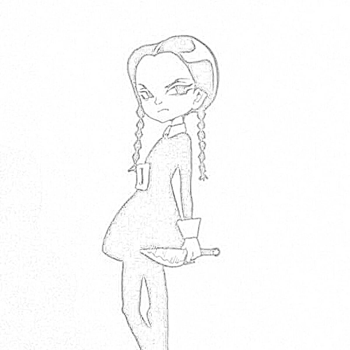 Раскраска Девочка в черном платье с длинными косичками и ножом в руках
