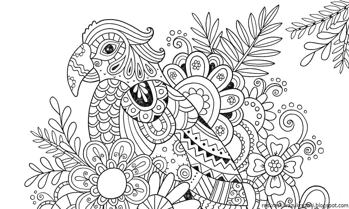 На раскраске изображено: Цветы, Листья, Антистресс, Попугаи, Узоры, 6-7 лет