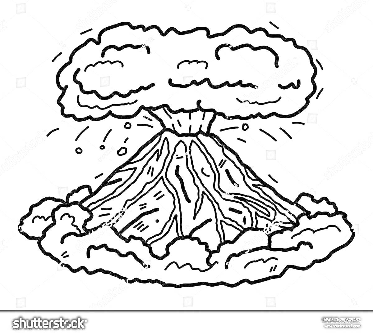 На раскраске изображено: Вулкан, Извержение, Облако дыма, Лава, Природа