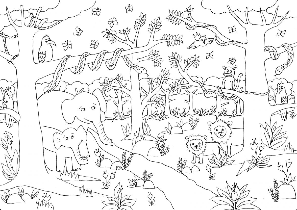 На раскраске изображено: Джунгли, Львы, Обезьяны, Попугаи, Змеи, Деревья, Растения