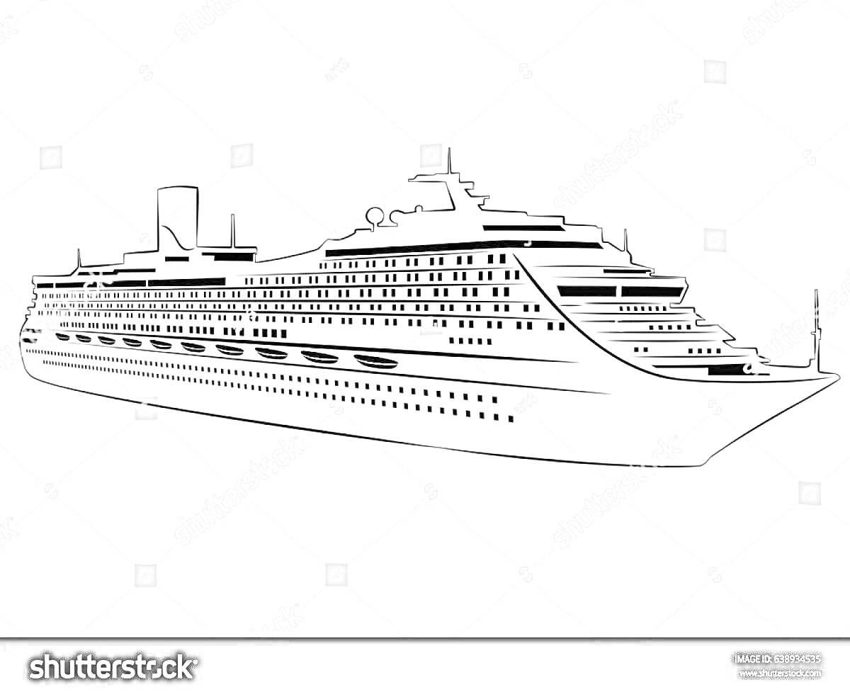 На раскраске изображено: Корабль, Лайнер, Круиз, Пассажирский корабль, Морское путешествие, Иллюстрация