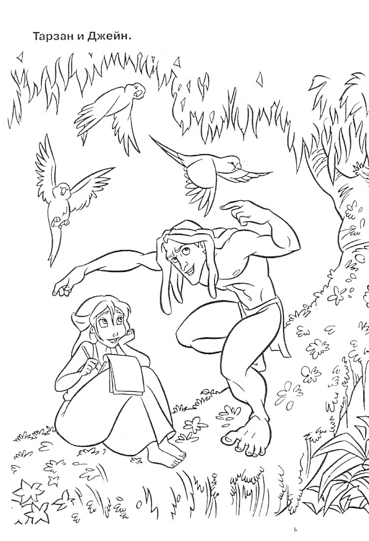 Раскраска Тарзан прячется за деревом, находясь в джунглях с Джейн, которая сидит на земле и рисует, на заднем плане три птицы