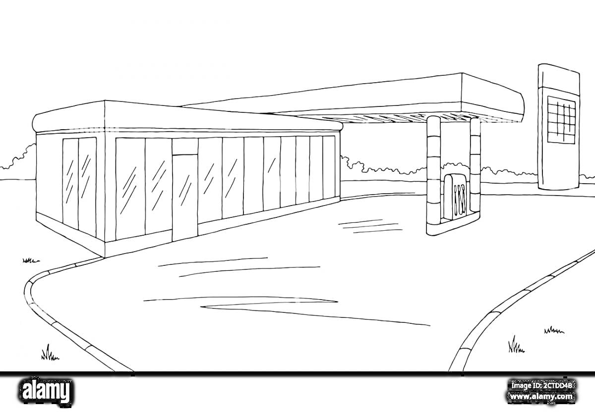 На раскраске изображено: Заправка, Бензоколонка, Павильон, Топливо, Автозаправка, Здания, Крыша, Ландшафт, Растительность