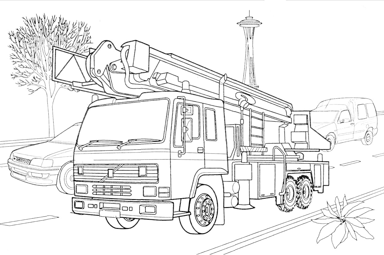 Раскраска Пожарная машина с подъемной лестницей на дороге с деревом, двумя легковыми автомобилями и башней вдалеке