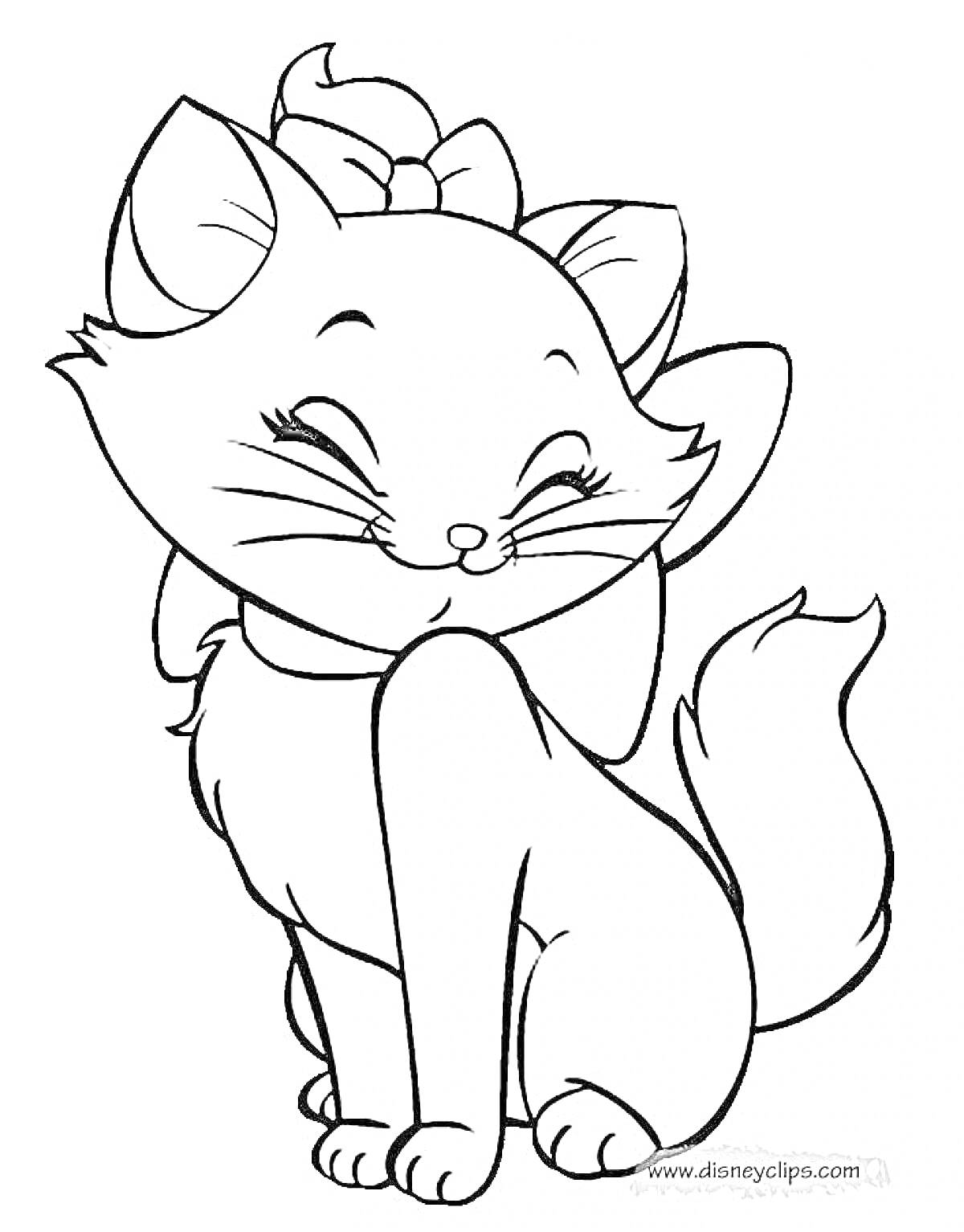 Раскраска Кошка с бантом на голове и завитым хвостом, улыбающаяся