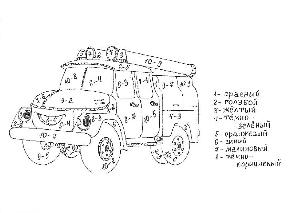 На раскраске изображено: Первый класс, По номерам, Примеры, Пожарная машина, Учеба