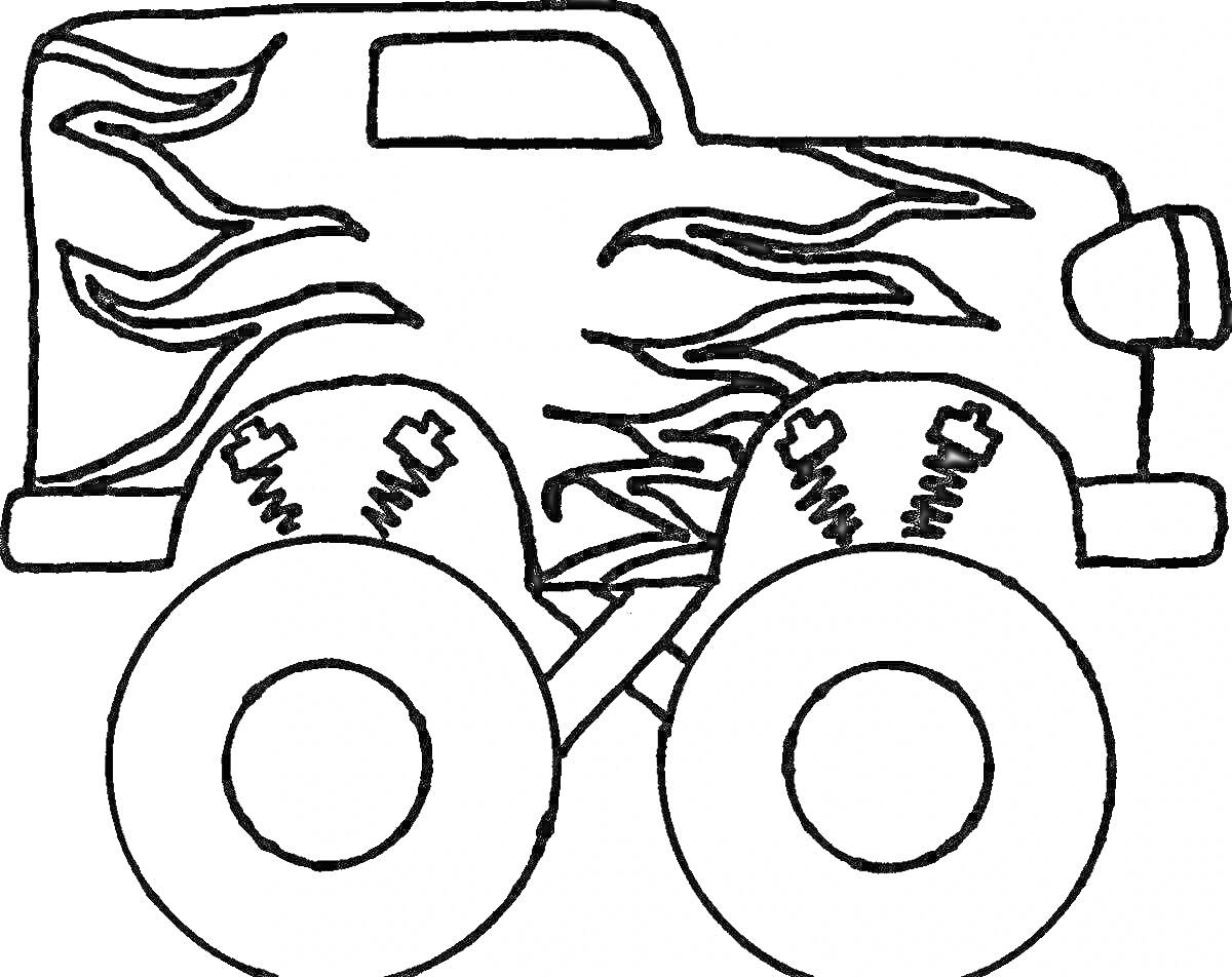 На раскраске изображено: Полицейский автомобиль, Большие колеса, Внедорожник, Монстер трак