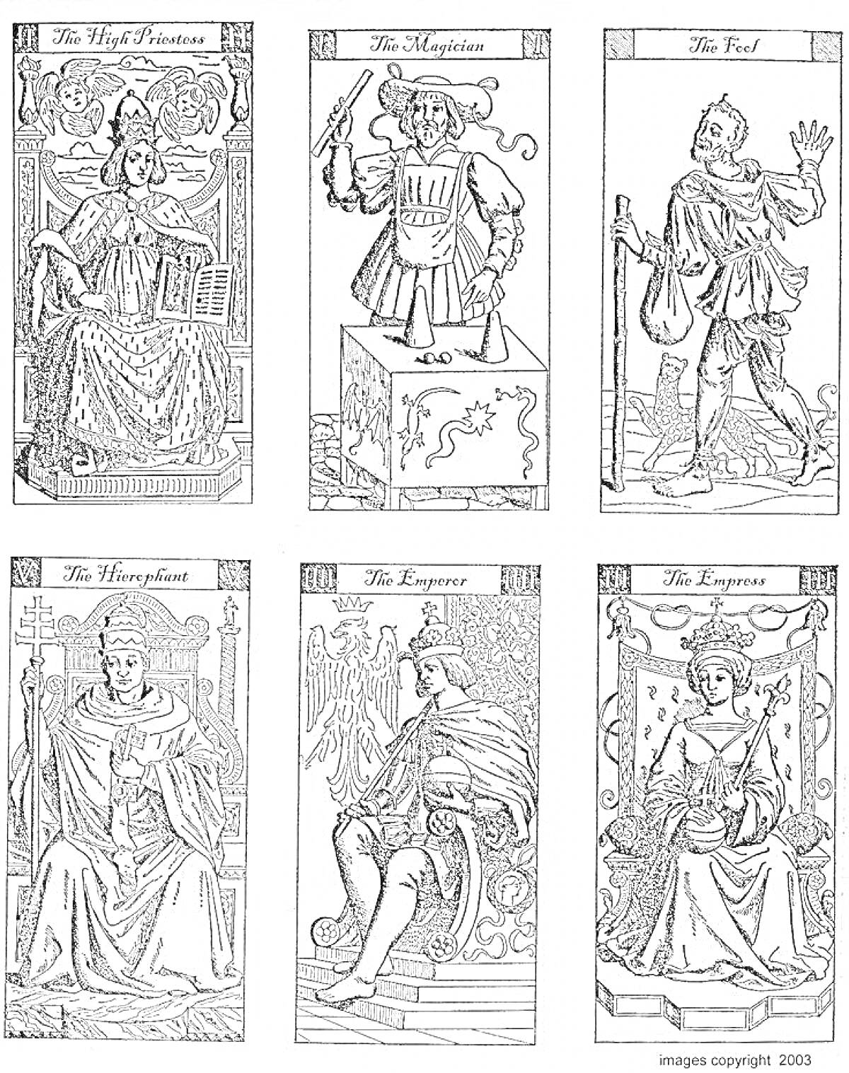 На раскраске изображено: Маг, Шут, Император, Императрица, Магия, Символы