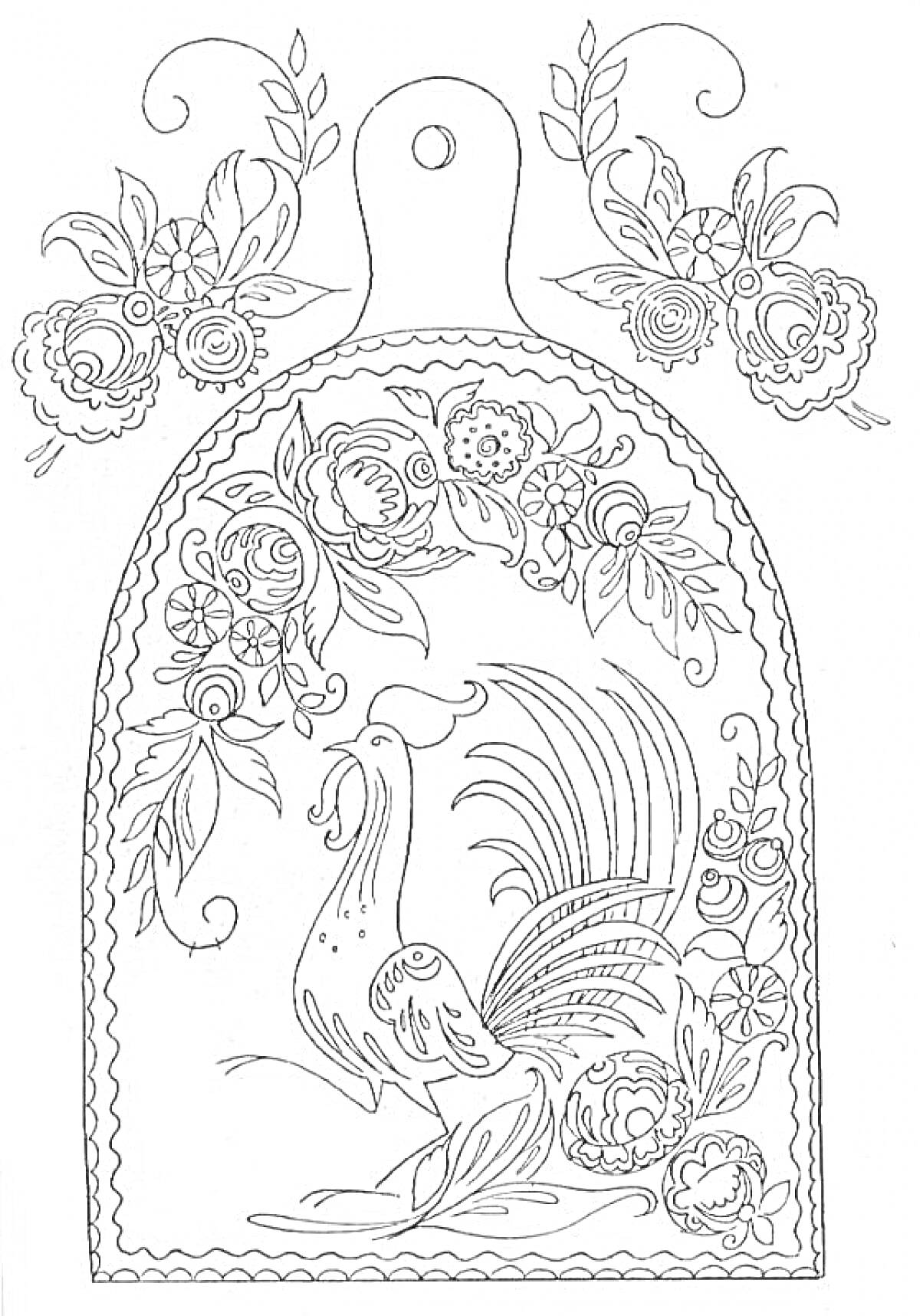 Раскраска Хохломская роспись на разделочной доске с петухом, цветами и листьями