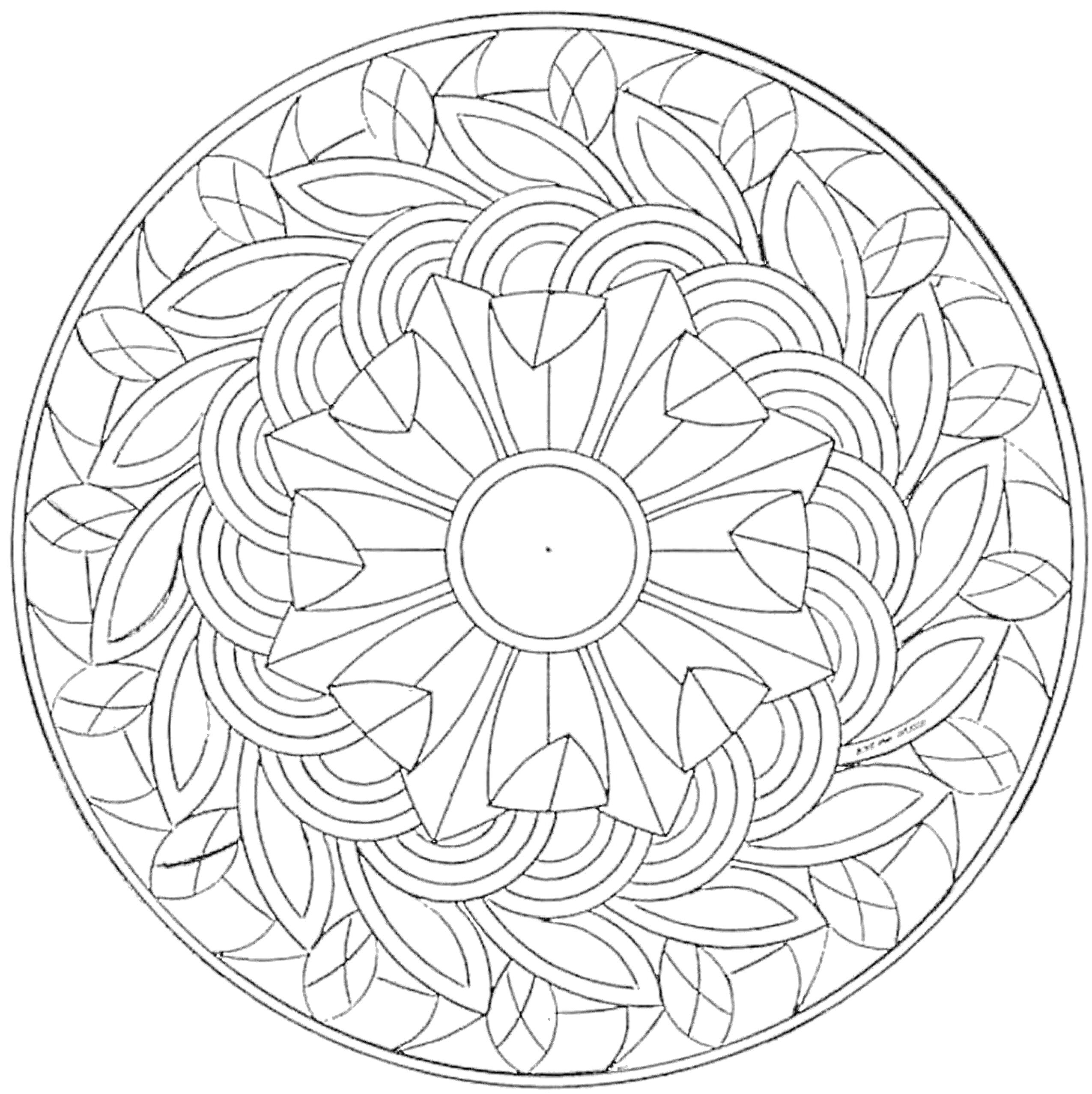 На раскраске изображено: Листья, Геометрические фигуры, Мандала