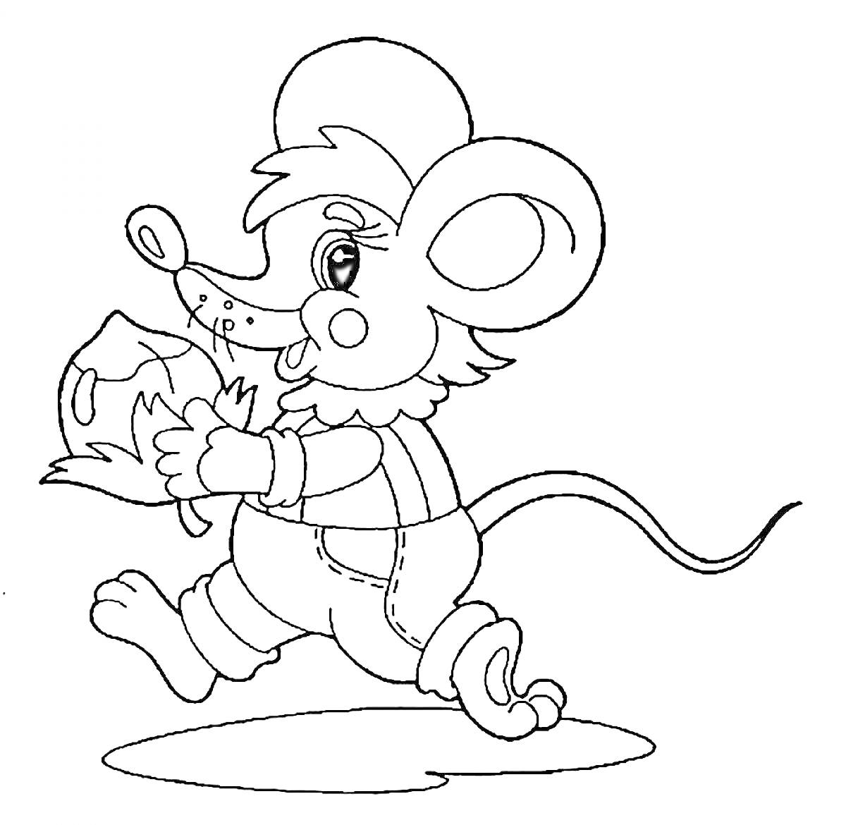 Раскраска Мышка в комбинезоне с сыром