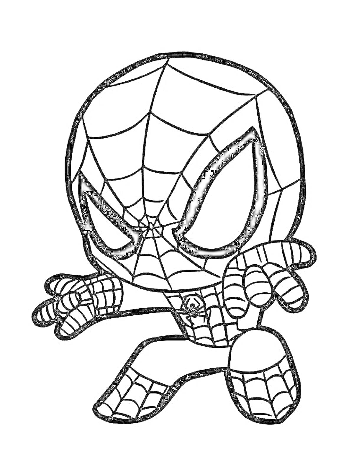 Раскраска Чиби-человек-паук в паучьем костюме с большими глазами и паутиной