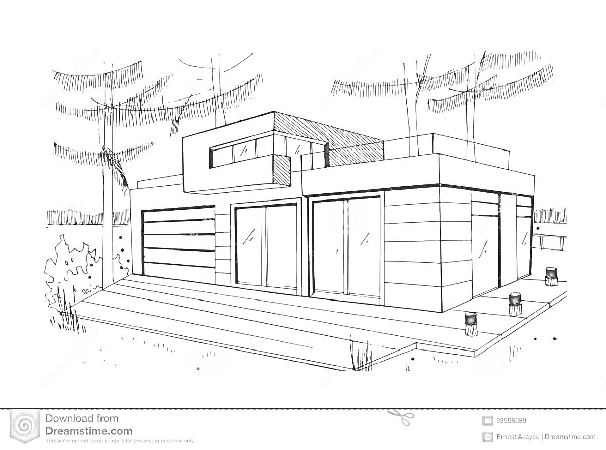 Раскраска Современный дом с террасой, большими окнами и гаражом на фоне деревьев.