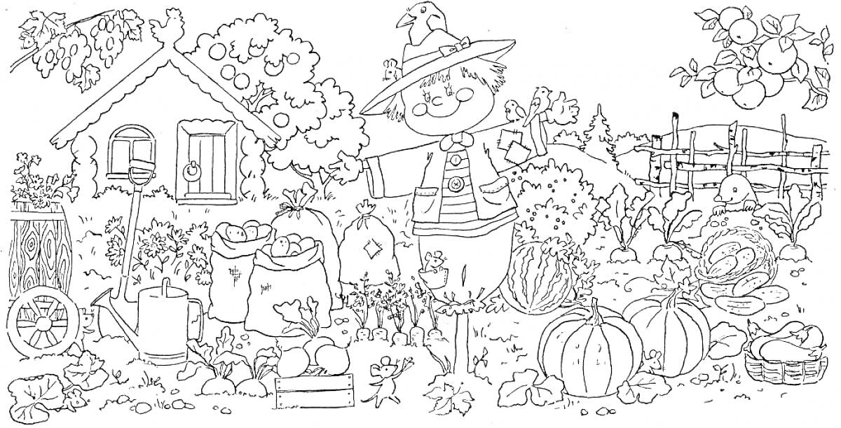 Раскраска Сад с домиком, огородом, пугалом и фруктовыми деревьями