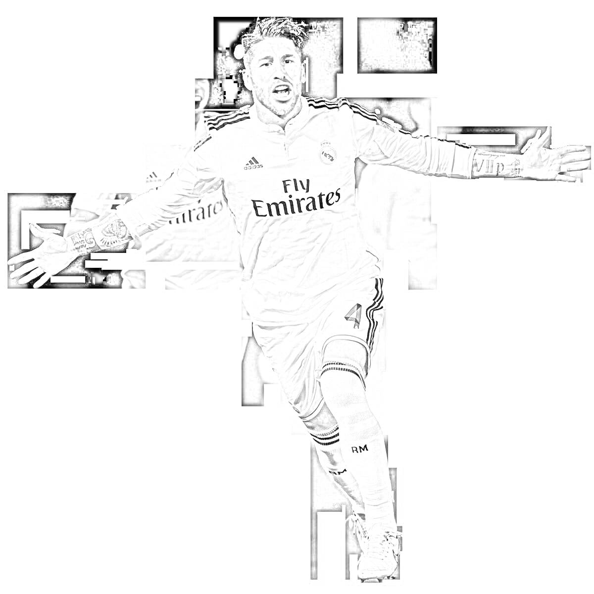 На раскраске изображено: Футболист, Форма, Fly Emirates, Номер 4, Спорт, Футбольная форма, Без цвета