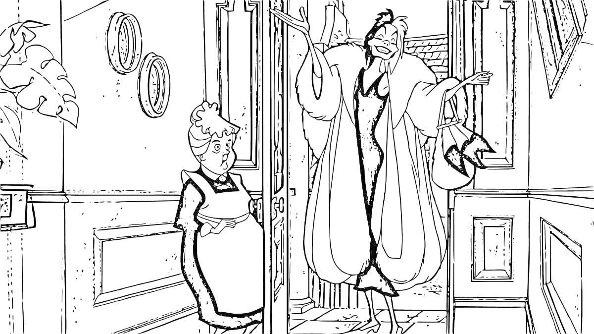 На раскраске изображено: Круэлла, Пальто, Горничная, Дверь, Интерьер, 101 далматинец