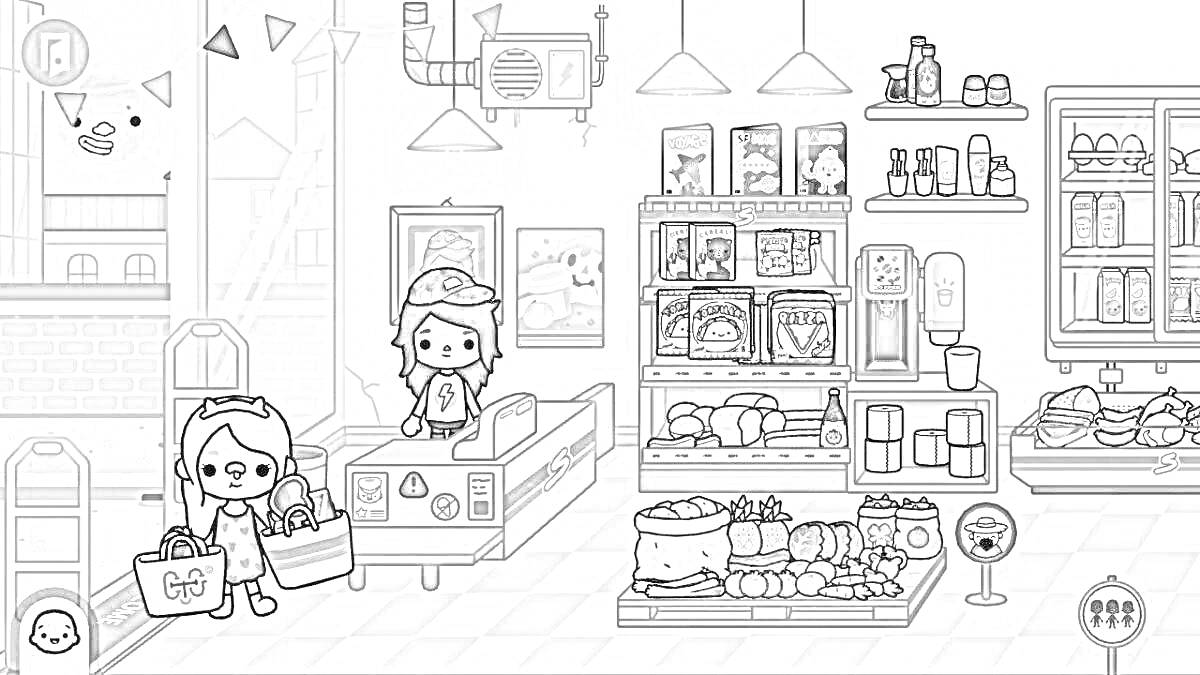 Раскраска Сцена из детского магазина с детьми, кассой, полками с товарами, игрушками и продуктами