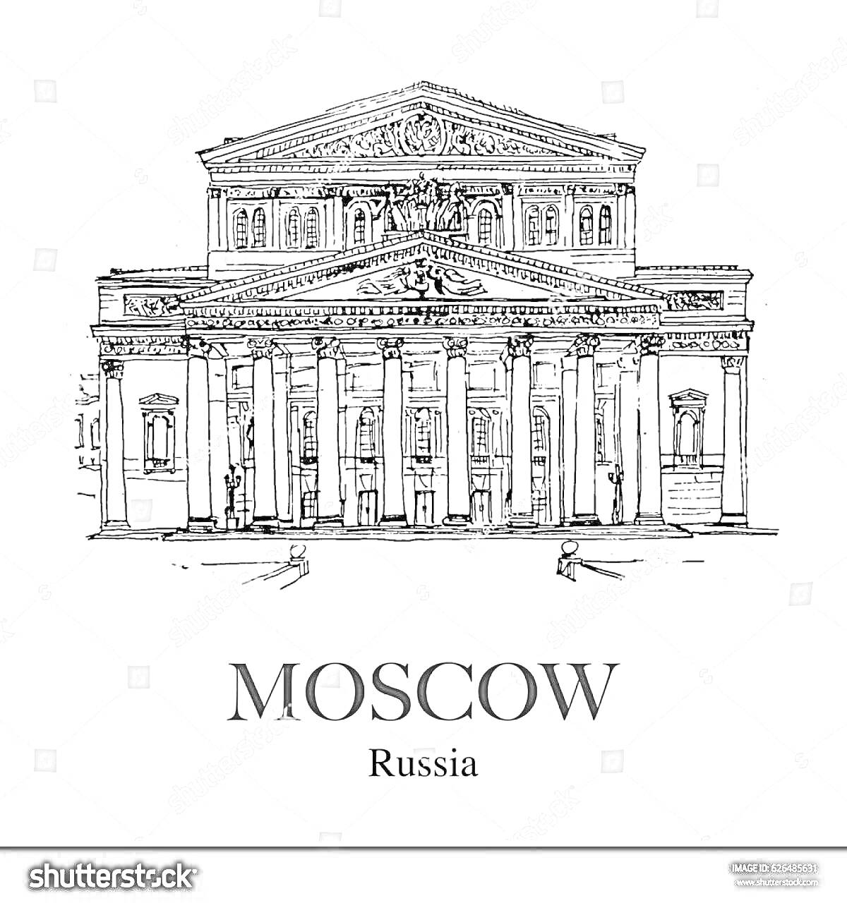 Раскраска Большой театр в Москве с колоннадой и фронтоном - контурное изображение