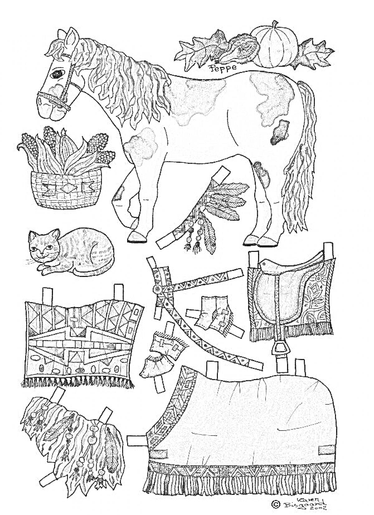 На раскраске изображено: Лошадь, Свитер, Шарф, Седло, Корзина, Овощи, Морковь, Тыква, Бумажная кукла