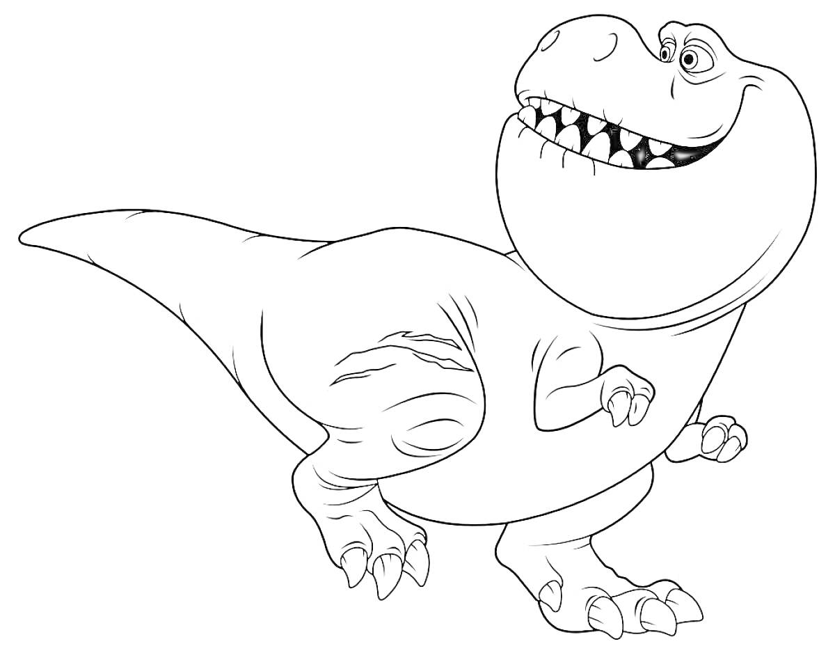 Турбозавр динозавр с линиями на теле и улыбающейся мордой, стоящий на задних лапах