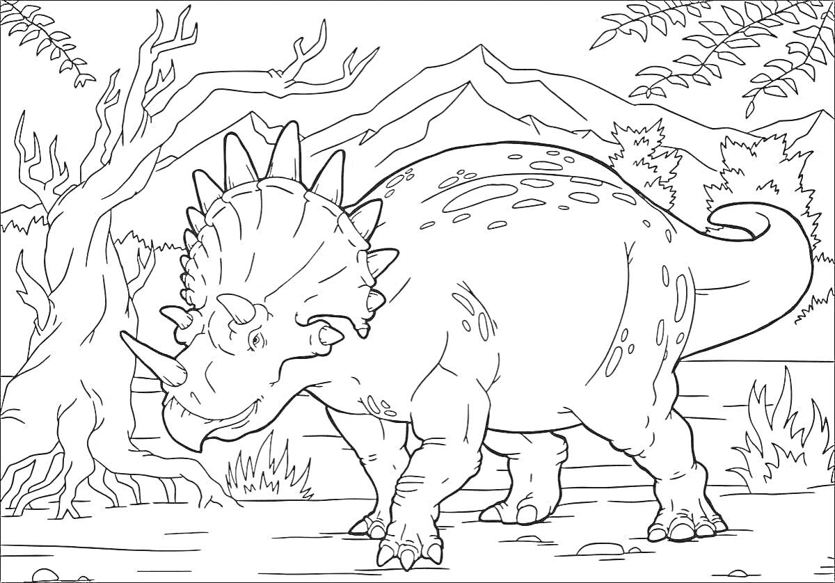 Раскраска трицератопс динозавр на фоне гор и леса