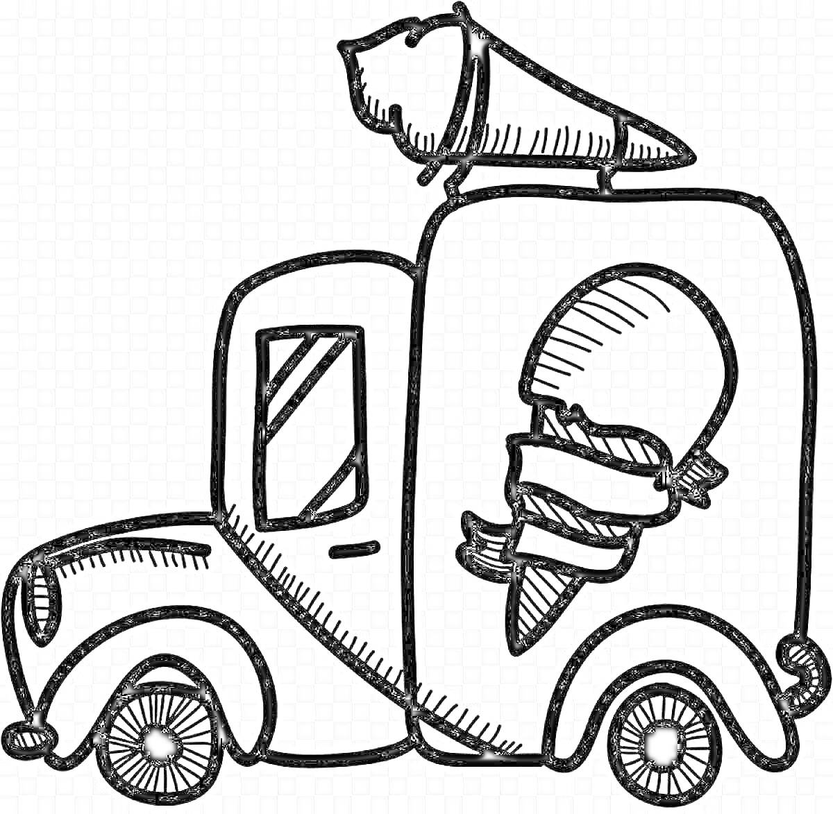На раскраске изображено: Мороженщик, Фургон, Мороженое, Крыша, Транспорт, Сладости, Лето