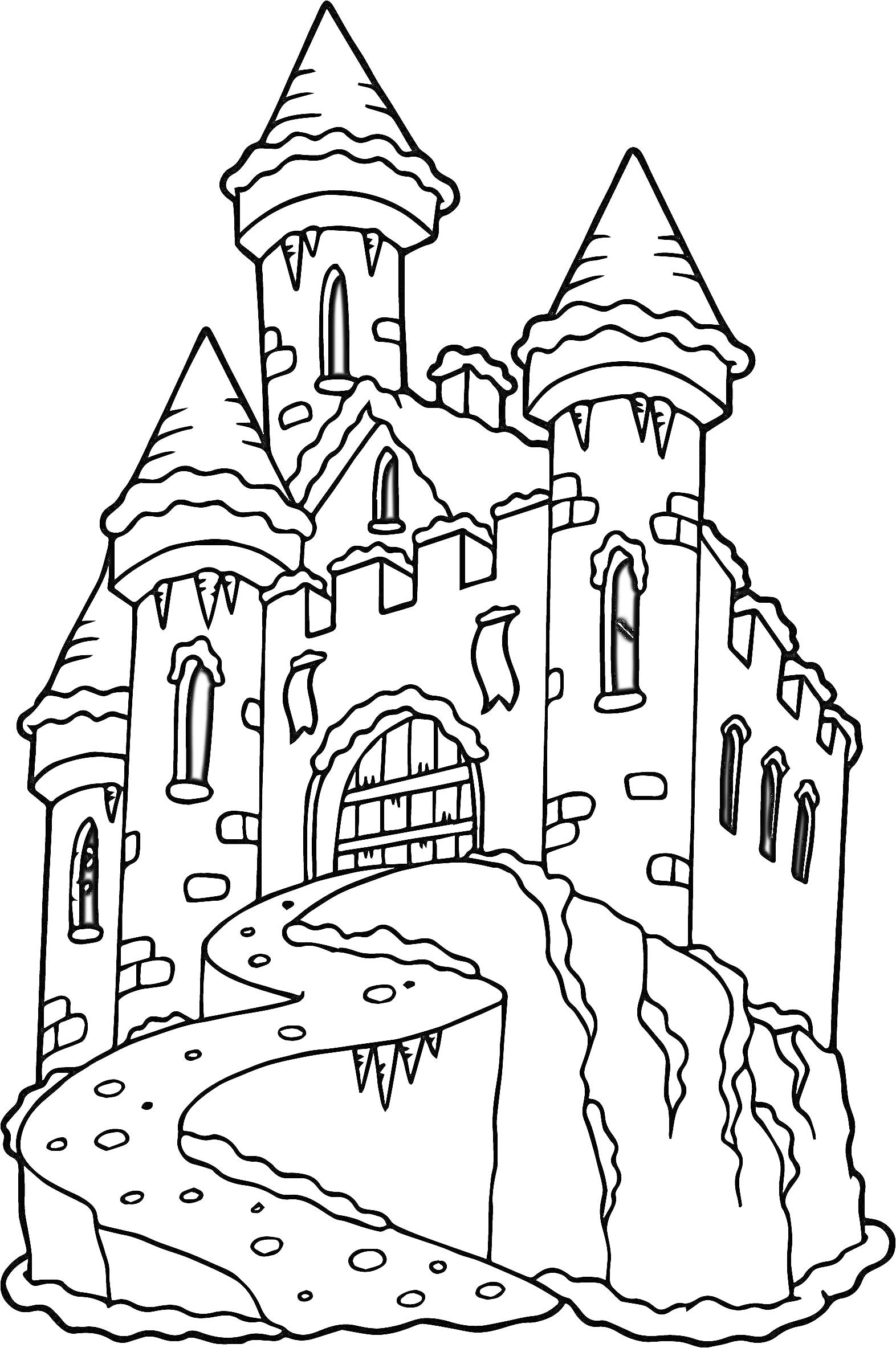 На раскраске изображено: Замок, Башни, Дорожка, Ворота, Архитектура, Средневековье, Из сказок, Горы