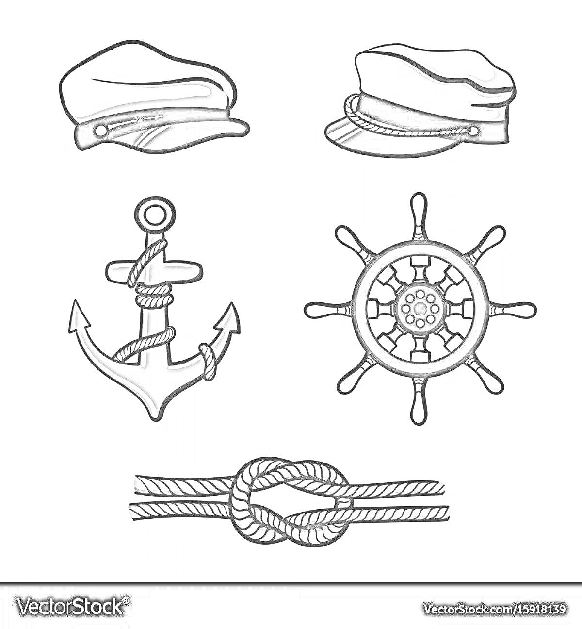 Раскраска Морская бескозырка с якорем, рулевым колесом и морским узлом