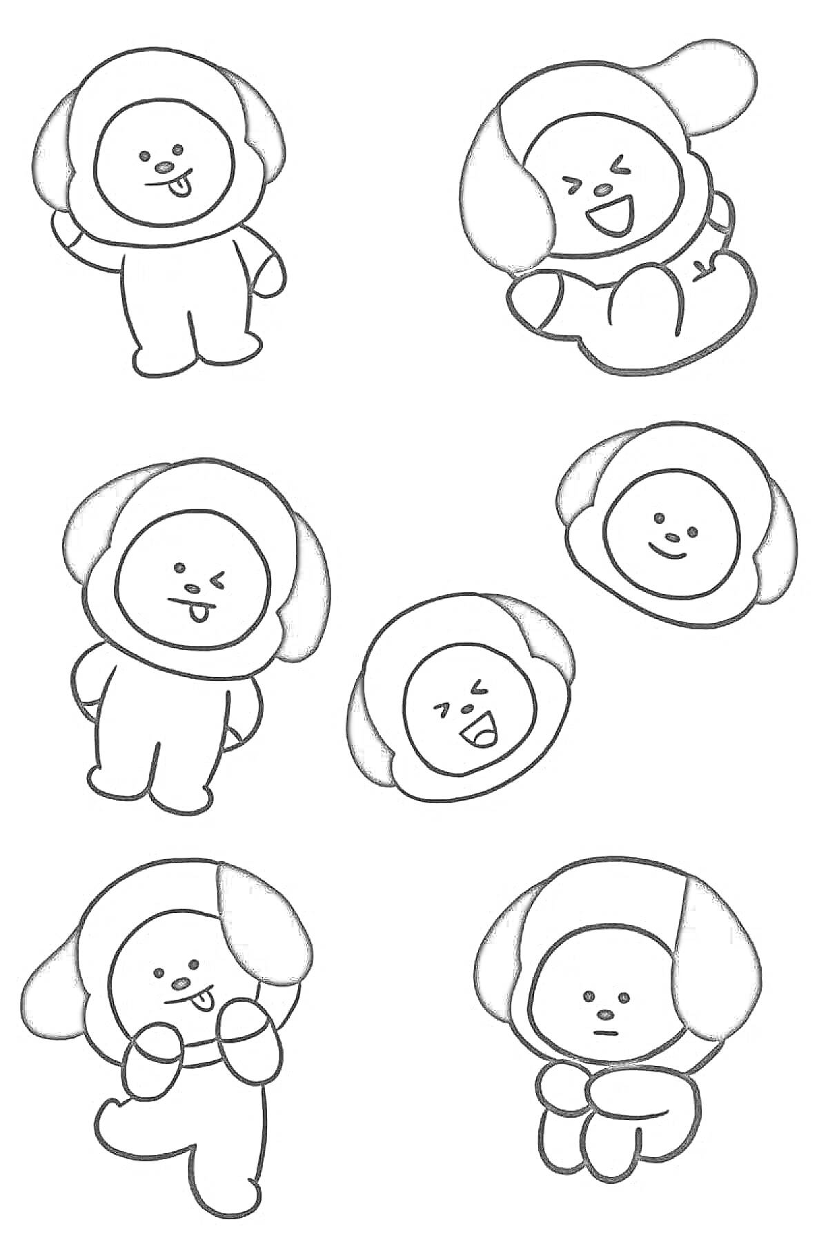 Раскраска Шесть персонажей с собачьими ушами в разных позах и выражениях лиц