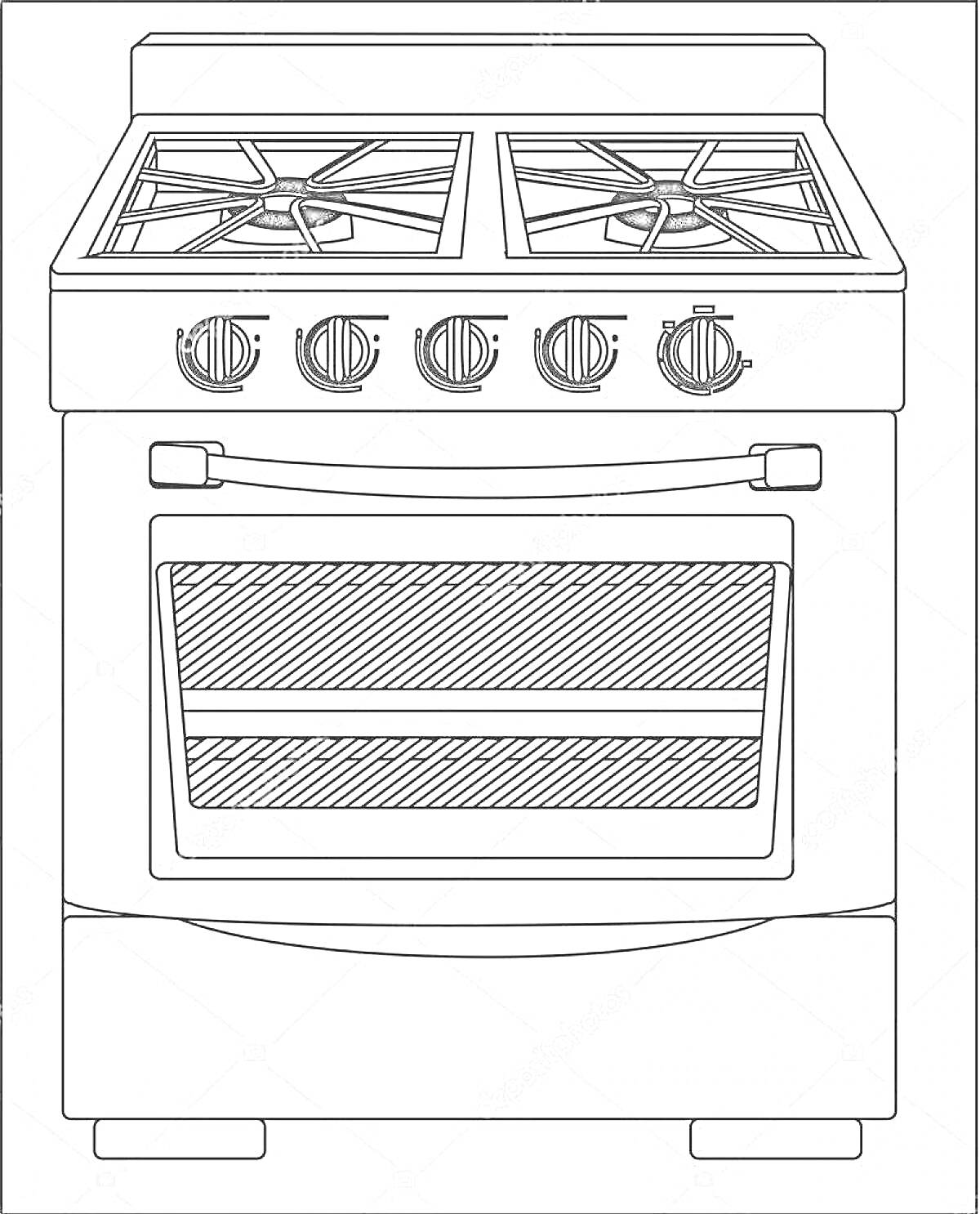 Раскраска Плита с двумя конфорками и духовкой с четырьмя ручками управления