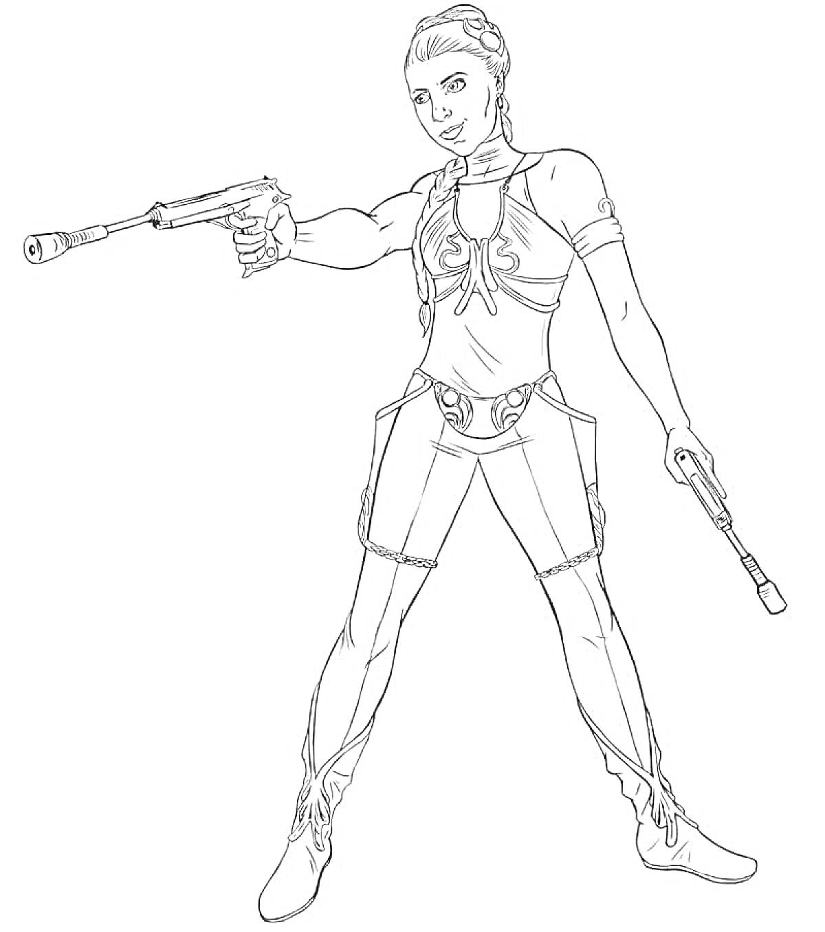 Раскраска Женщина в футуристической одежде с двумя пистолетами