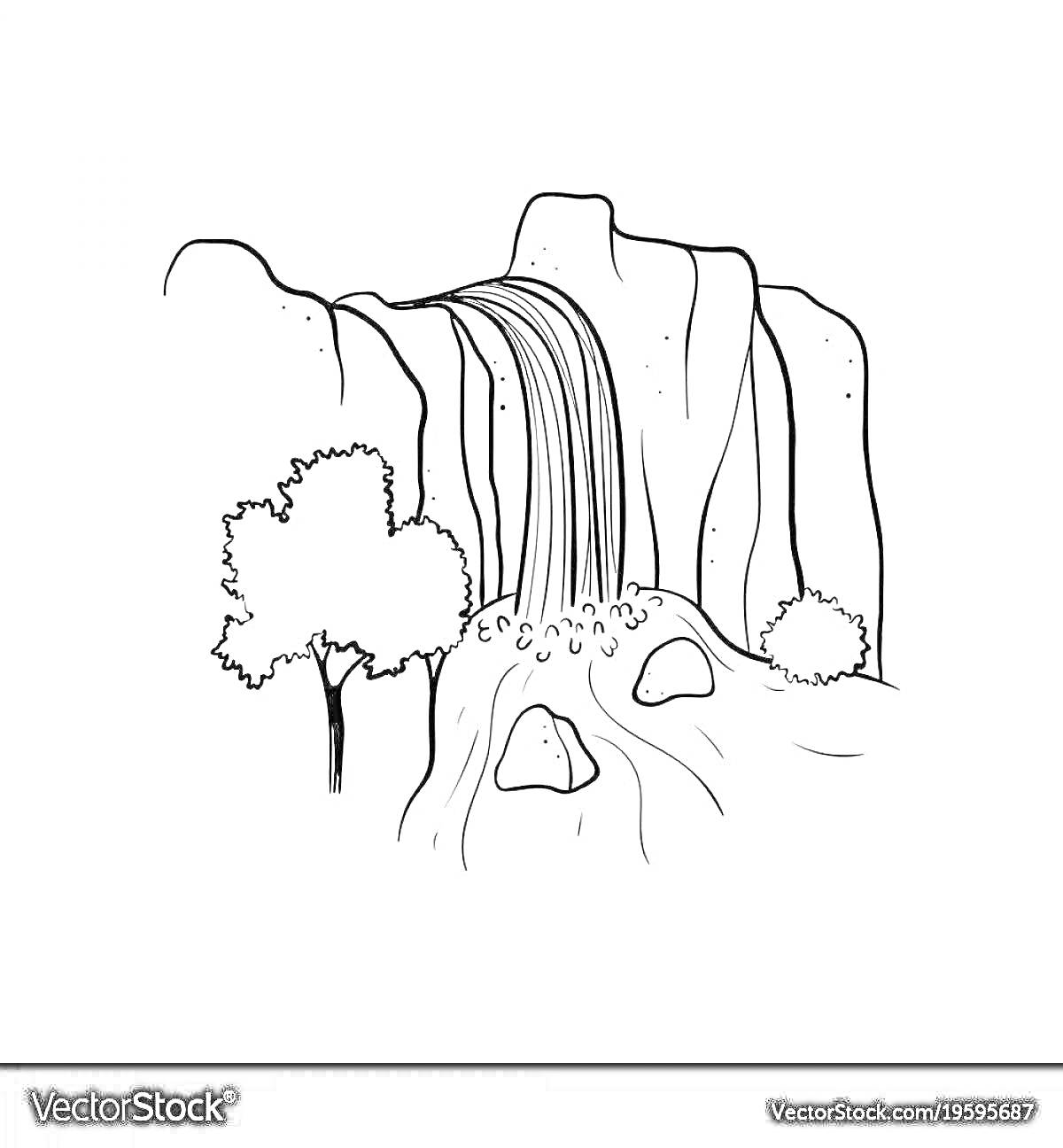На раскраске изображено: Водопад, Природа, Деревья, Камни, Для детей, Река, Скалы